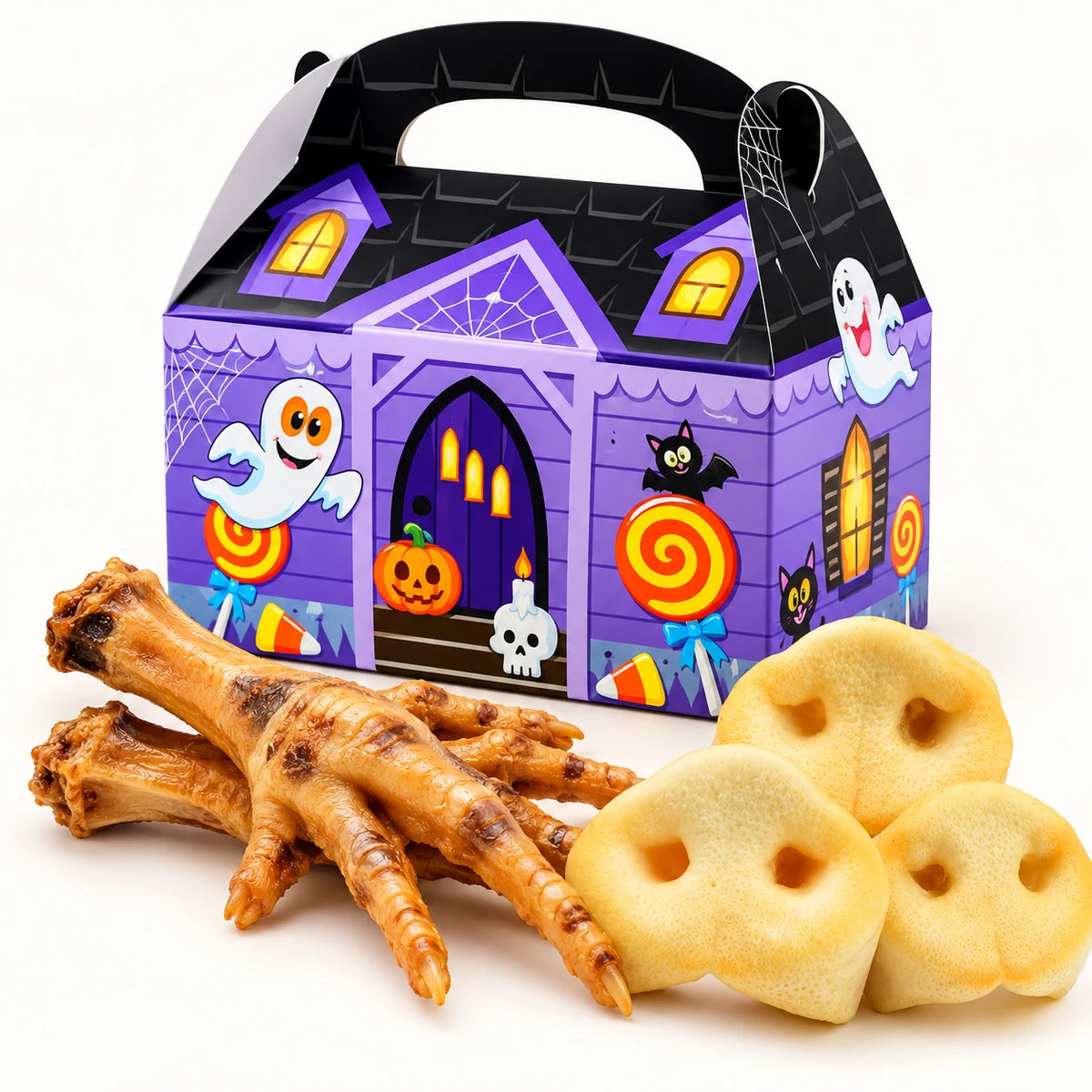 Frankenstein Box Halloween dog treat gift box with chicken feet and pig snouts