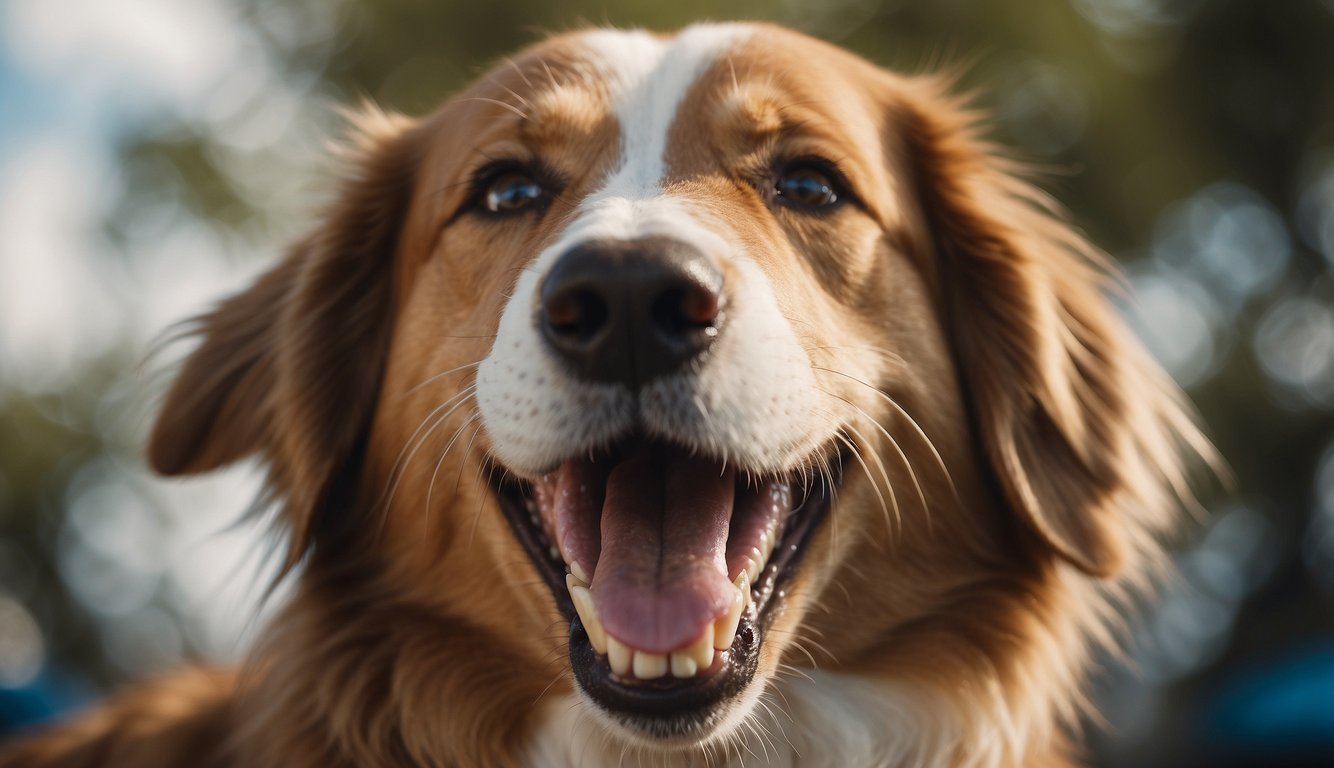 A close up of a dog with its mouth open, showing its teeth
