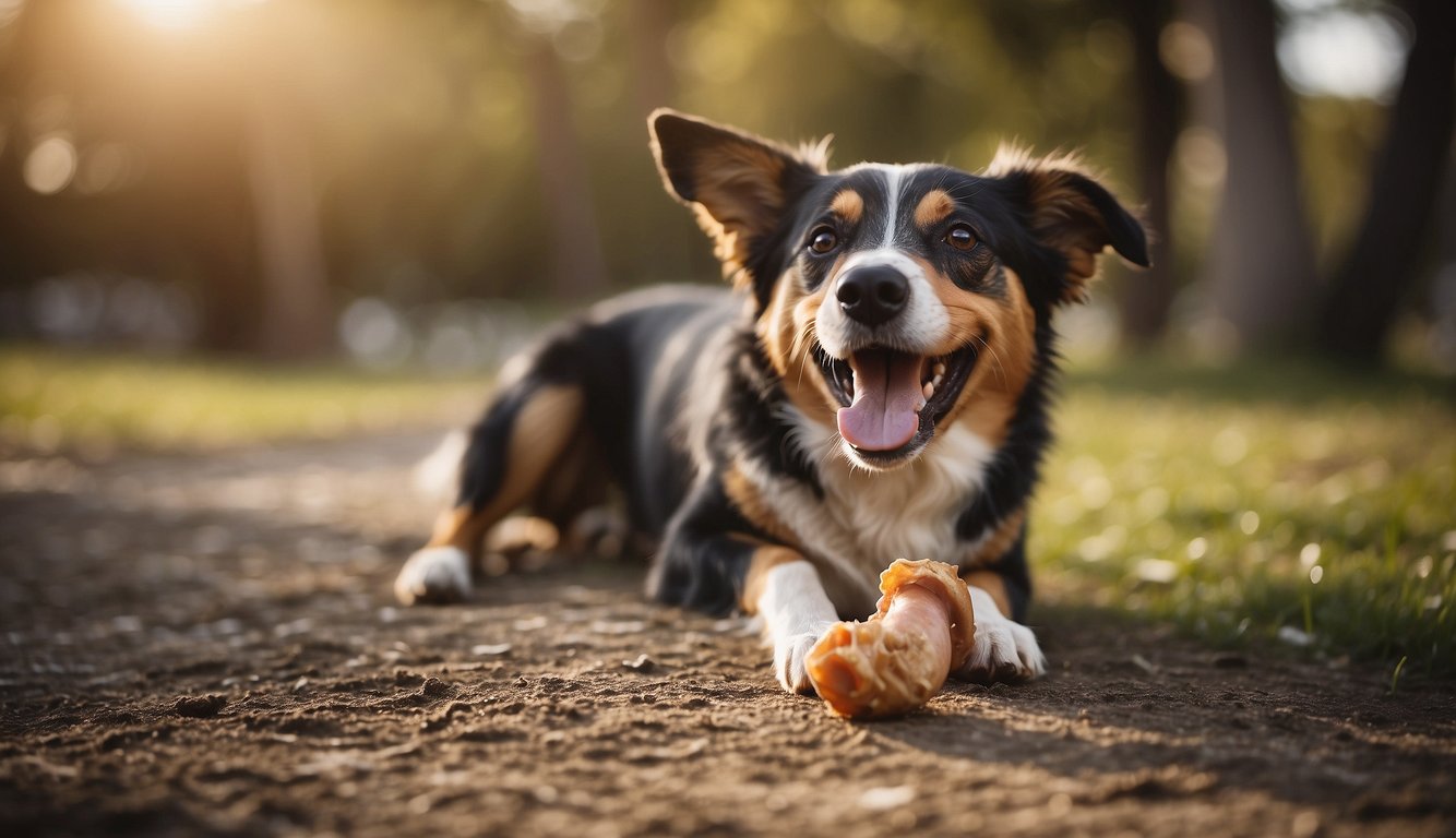 A dog happily holding a pork femur