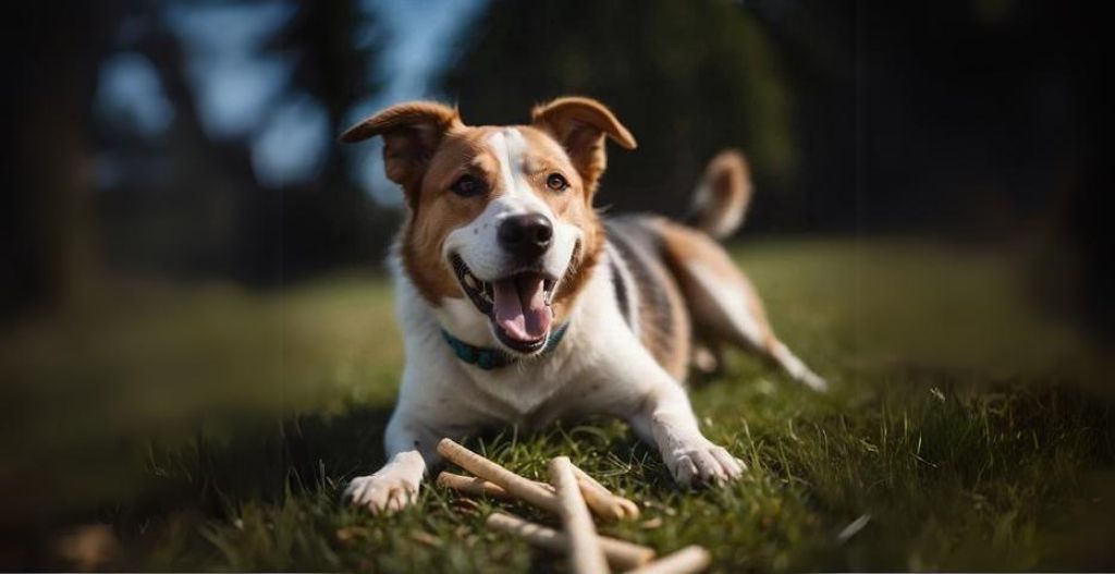 A dog laying on the grass with a bully stick