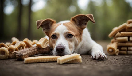 A dog resting on the ground surrounded by dog treats