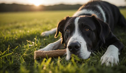 dog resting on grass with its treat