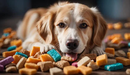 dog resting on the ground, surrounding by treats