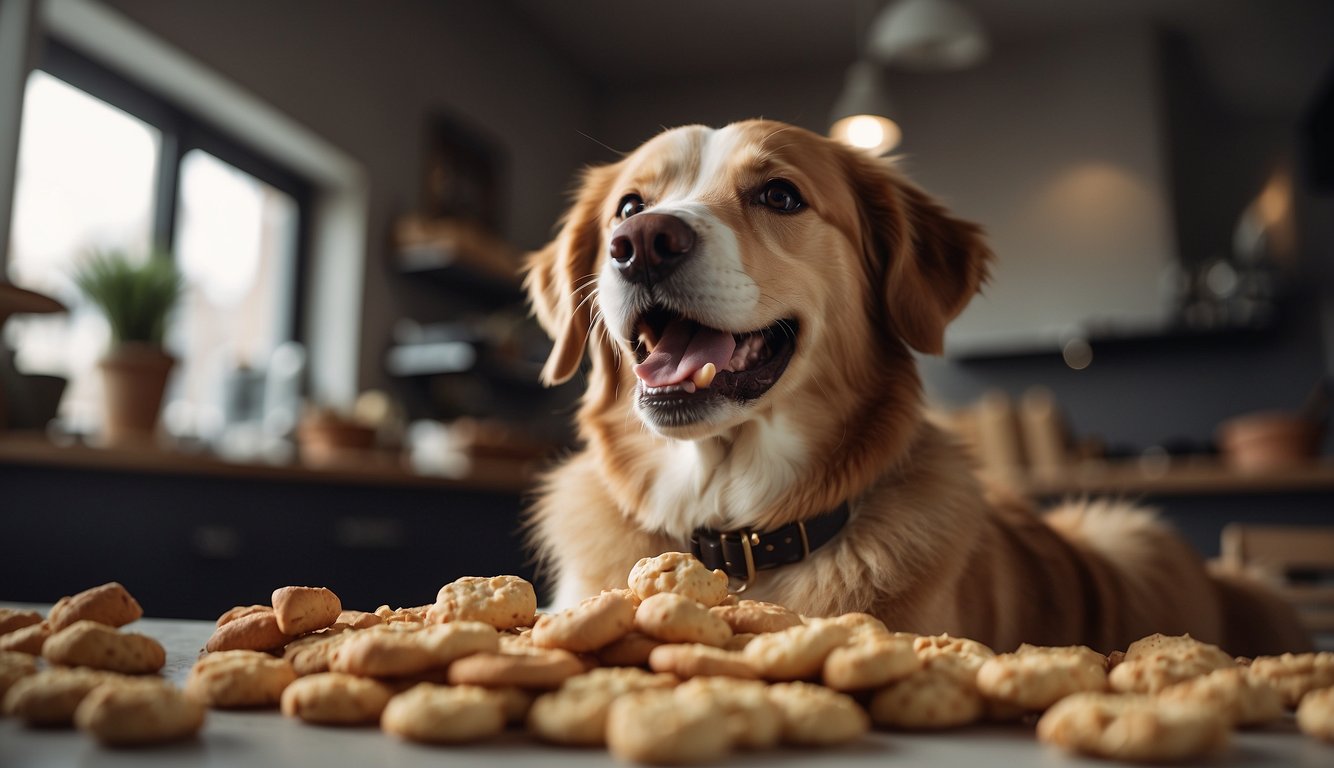 A dog sitting on a table with dog treats