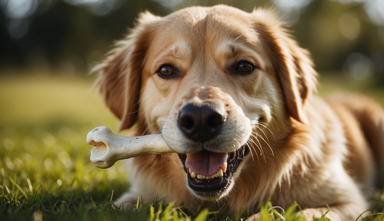 A golden retriever enjoying a bone