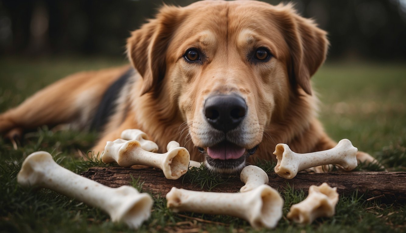 A golden retriever relaxes on the grass with bones 