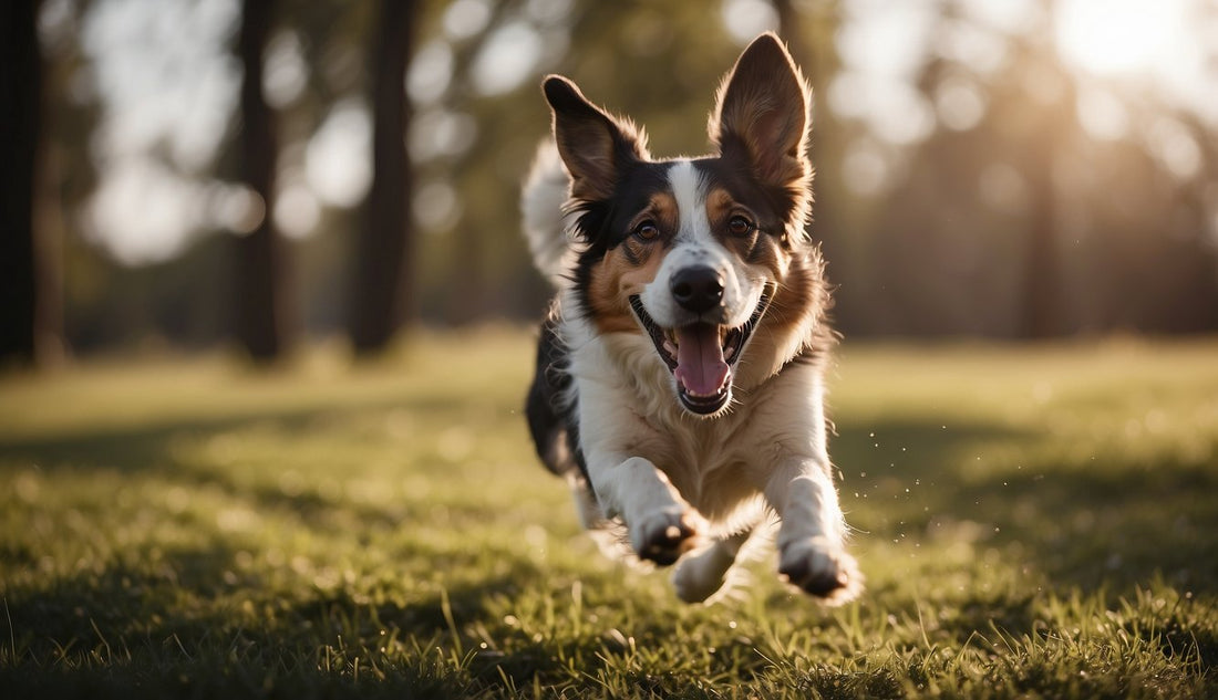 A happy dog running in the grass with its mouth open