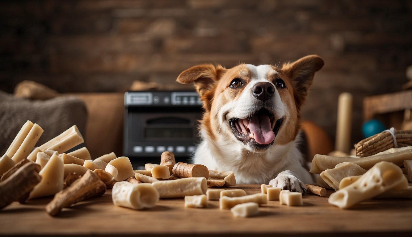 A happy dog sits on a table surrounded by a variety of colorful dog treats