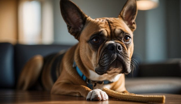 A worried dog with a bully stick