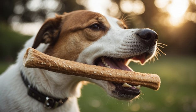 A happy dog chewing on a long, thick bully stick