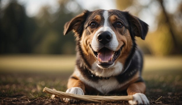 A dog with a bully stick