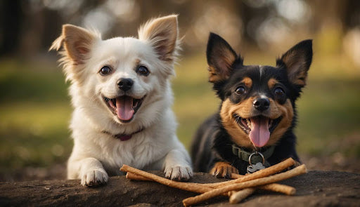 Two playful puppy joyfully interacts with a stick in a sunny outdoor setting, showcasing its energy and curiosity.