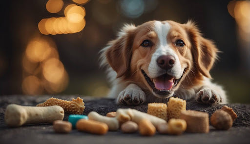 Cute brown dog lying on ground facing piles of chew bones