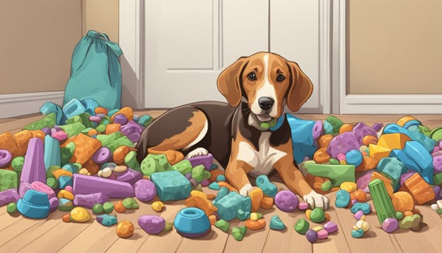 A puppy surrounded with different treats