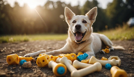 A relaxed dog lying on the ground, playfully surrounded by various toys in a vibrant display