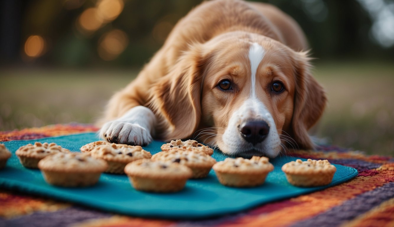  A dog resting on a blanket next to some cookies.