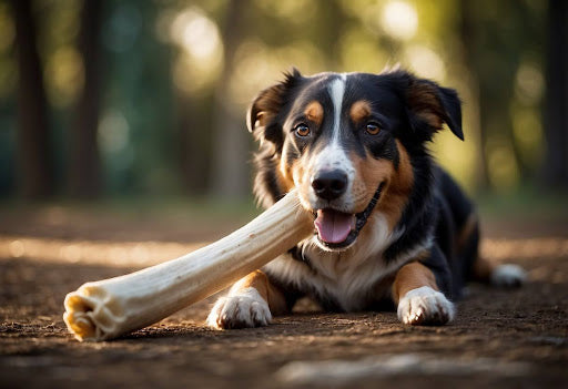 An adorable dog holding a rawhide bone in its mouth.