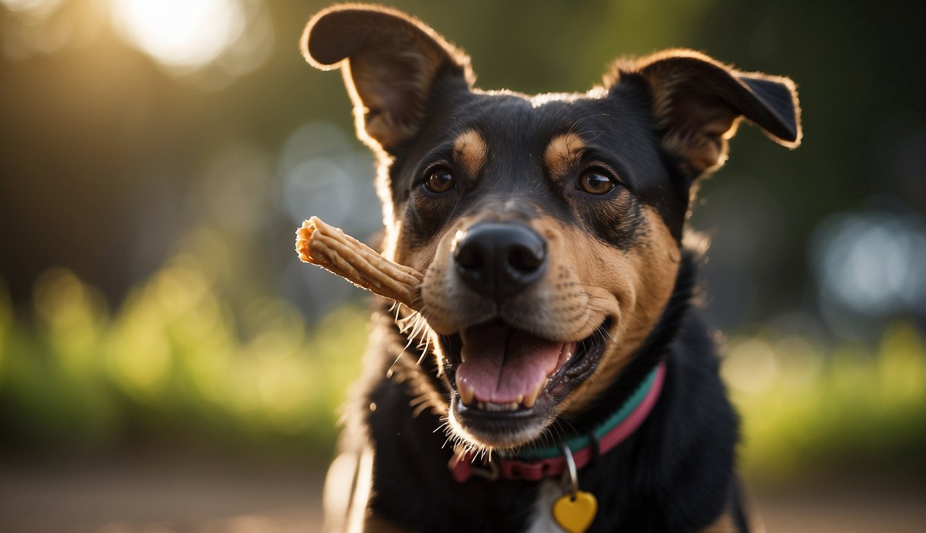 A playful dog holding a stick in its mouth.