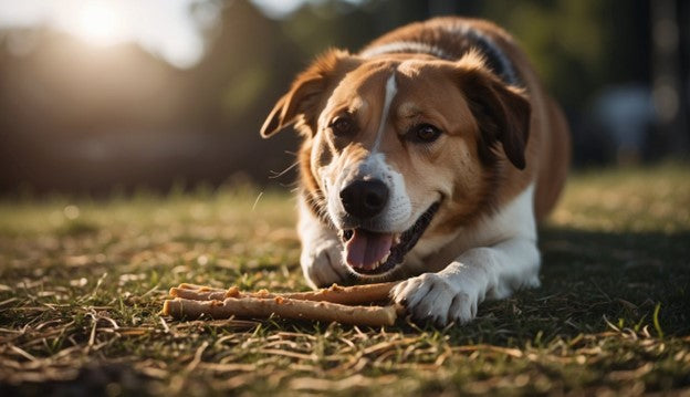 A dog gnawing on a bully stick