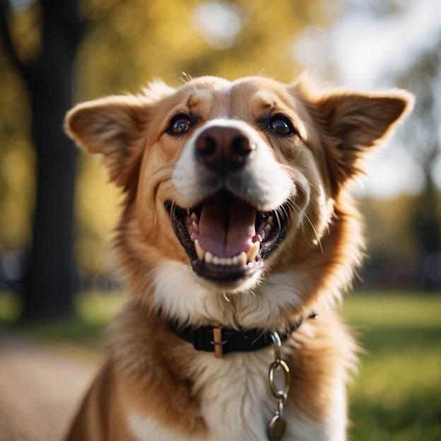 A smiling dog with bright, healthy teeth,