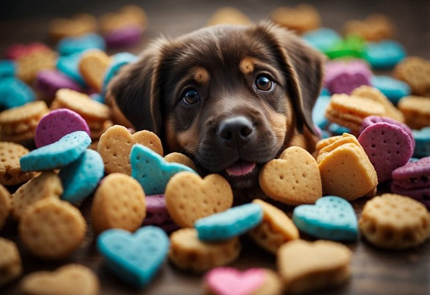 A cute puppy surrounded by colorful treats