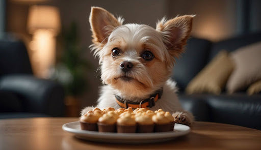 A small dog perched on a table, gazing at a plate filled with delicious cupcakes, ready for a tasty treat