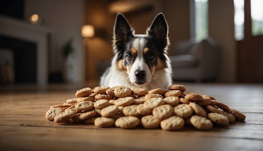 A dog rests on the floor, gazing at a pile of cookies, creating a delightful scene of canine curiosity.