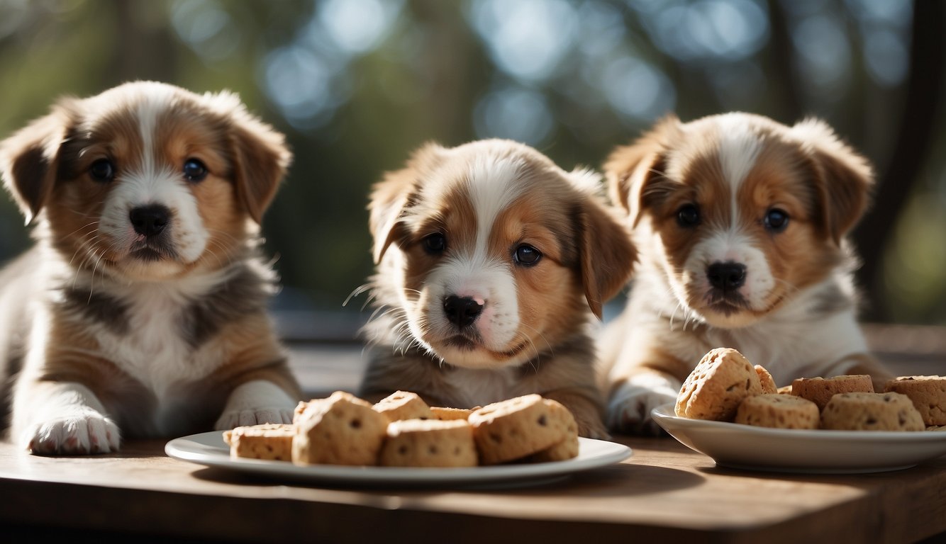 Three puppies sitting on a table with dog treats