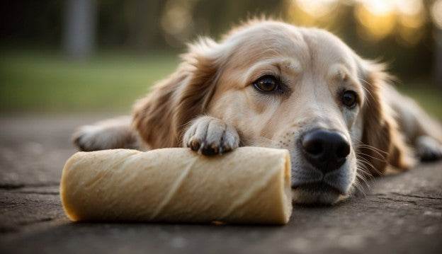 A dog with a rawhide retriever roll