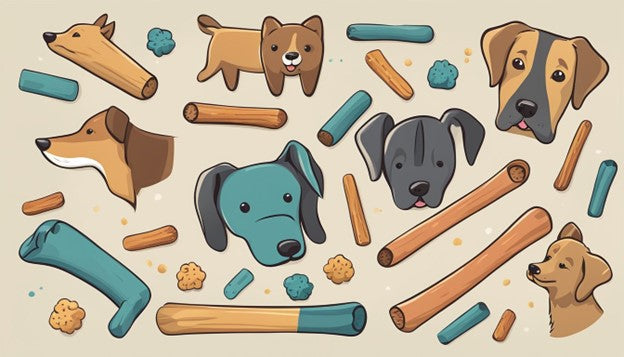 An illustration of dogs and bully sticks.