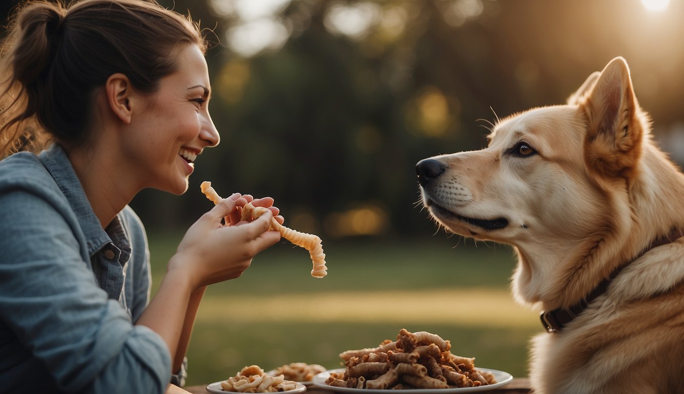 Woman giving pet dog beef trachea meal