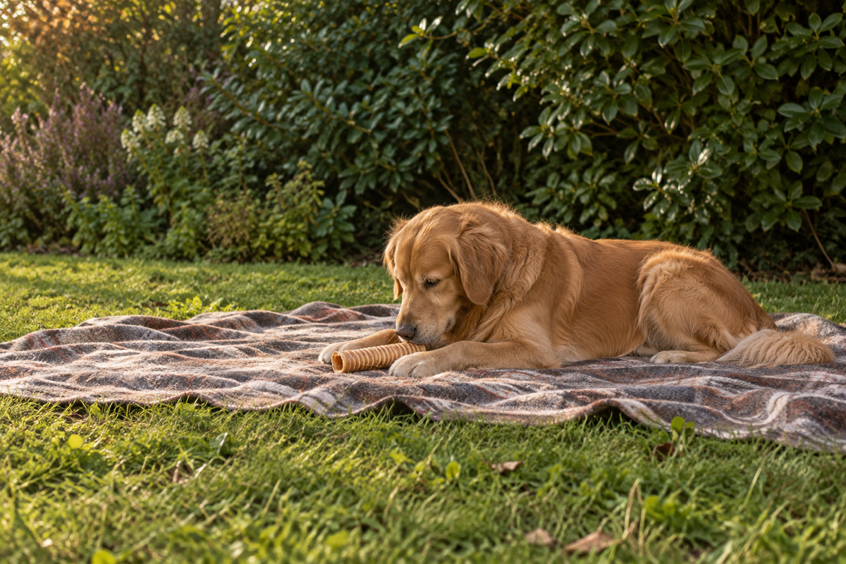 A golden retriever lying on a blanket on the grass, holding a dried beef trachea between its front paws.