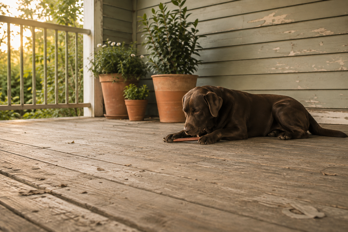 A chocolate Labrador lying on a porch, holding a bully stick between its front paws.
