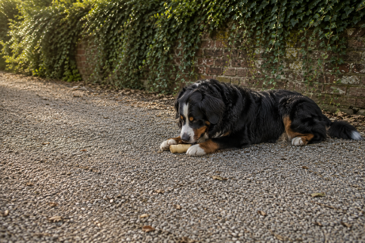A Bernese mountain dog lying on a gravel path, holding a rolled beef cheek chew between its front paws.