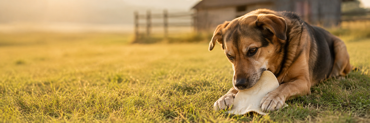 A dog lying in a sunlit pasture chewing a cow ear held between its front paws