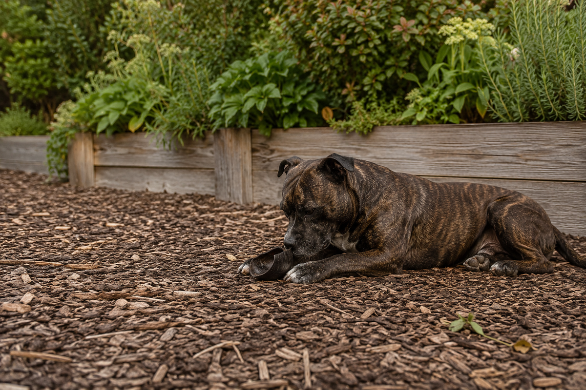 A Staffordshire bull terrier lying on bark mulch, holding a hollow cow hoof between its front paws.
