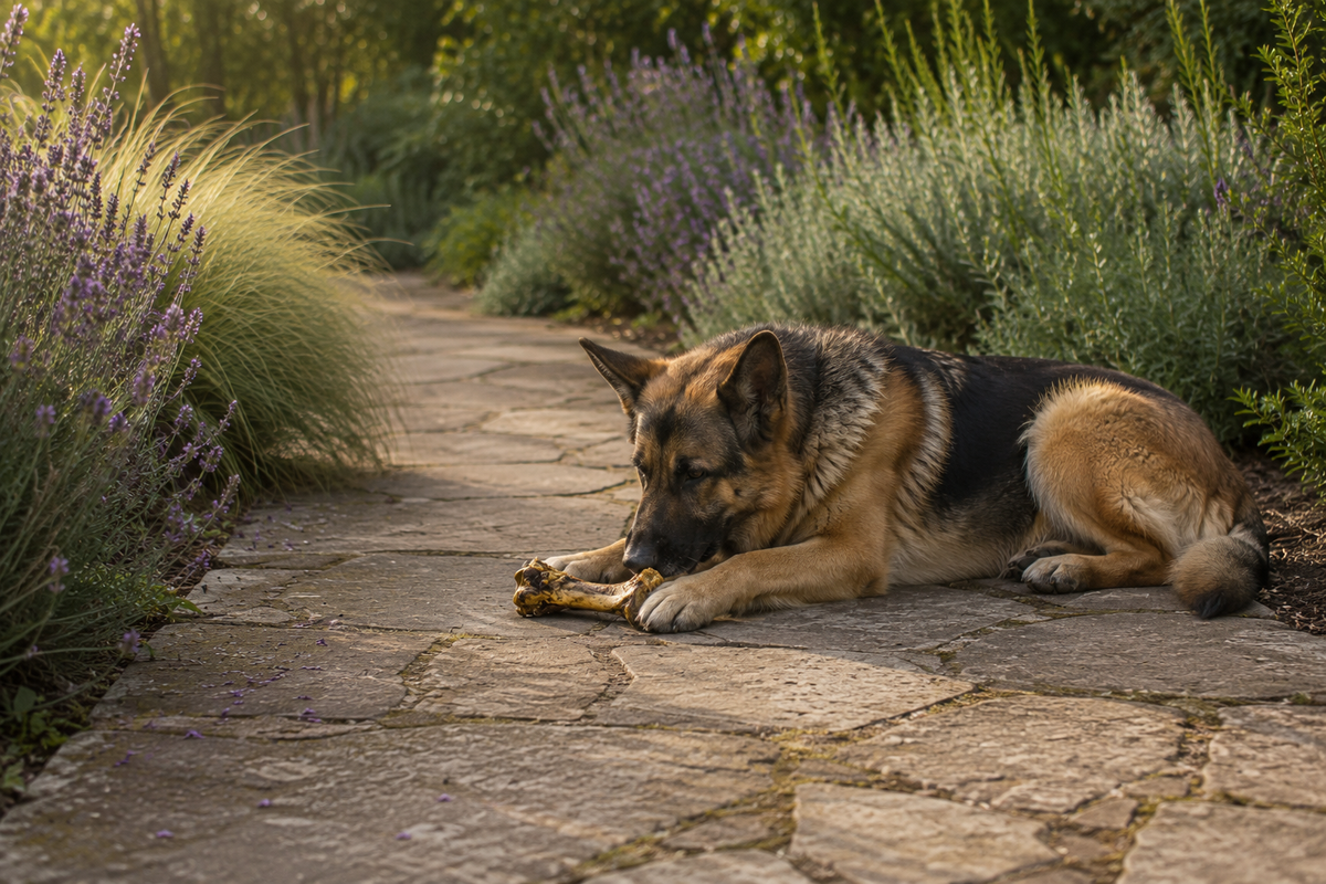 A German shepherd lying on a flagstone garden path, holding a dried beef marrow bone between its front paws.