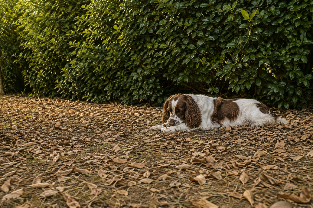 A springer spaniel lying on fallen leaves, holding a dried rabbit foot between its front paws.