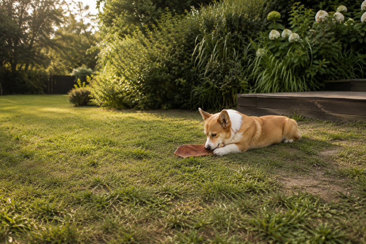 A corgi lying on a sunlit lawn, holding a dried pig ear between its front paws.