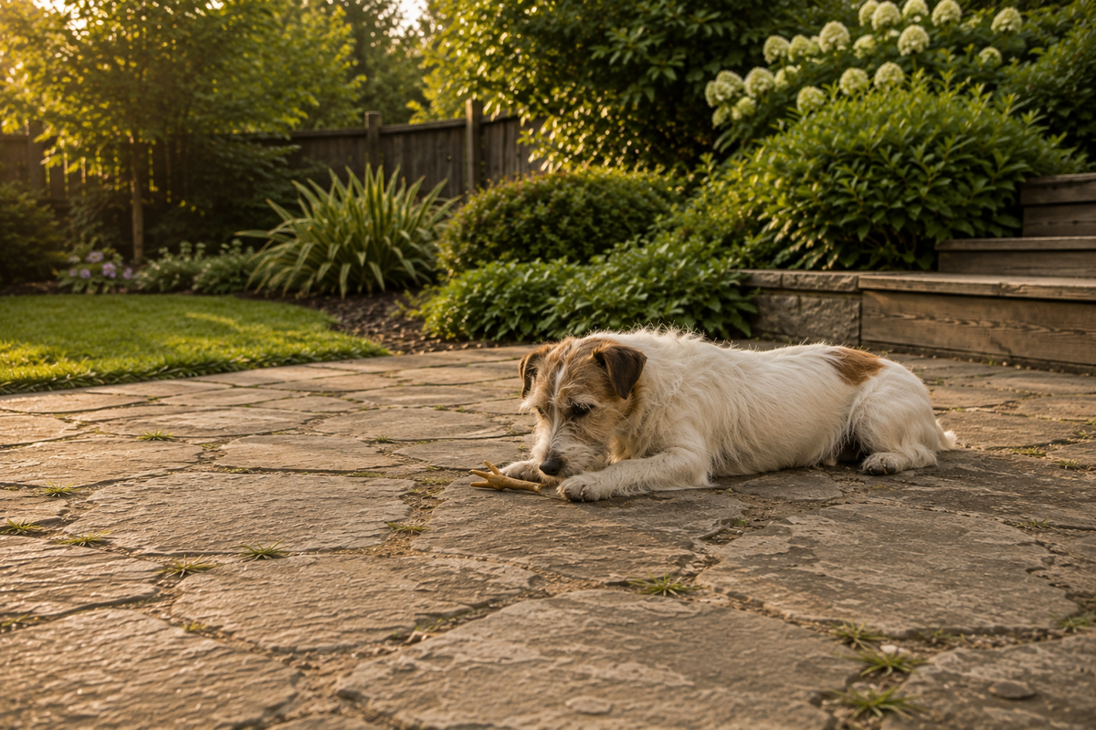 A Jack Russell terrier lying on a sunlit lawn, holding a dehydrated chicken foot between its front paws.