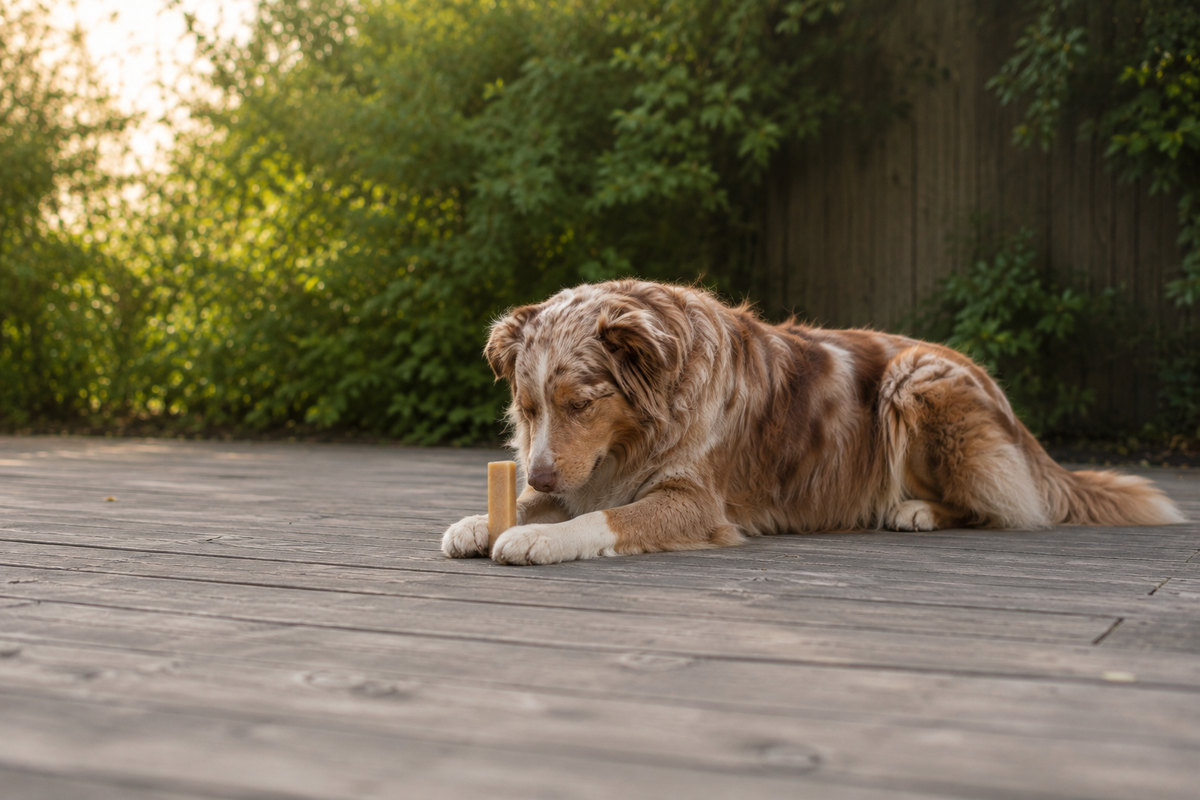 An Australian shepherd lying on a wooden deck, licking a yak cheese chew held between its front paws.