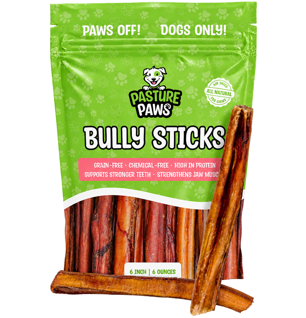 A resealable bag of Pasture Paws 6 inch bully sticks with two bully sticks beside it
