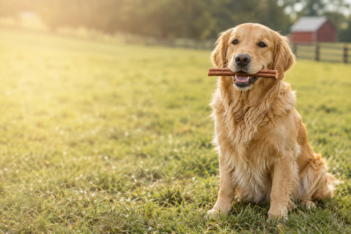 A golden retriever sitting in a sunlit field holding a bully stick, with a red barn behind.