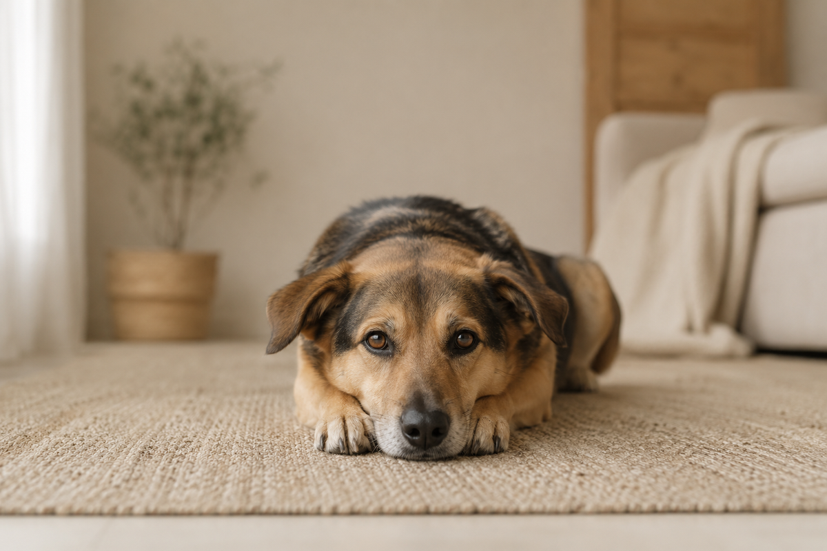 A dog resting its chin on its paws, looking at the camera