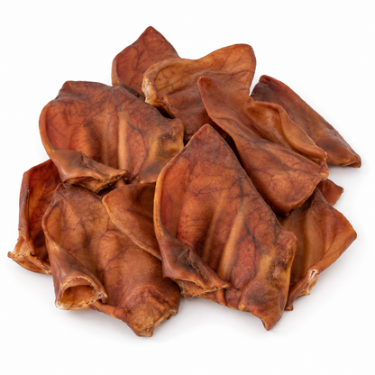 A 12 pack of dried pig ears for dogs on a white background