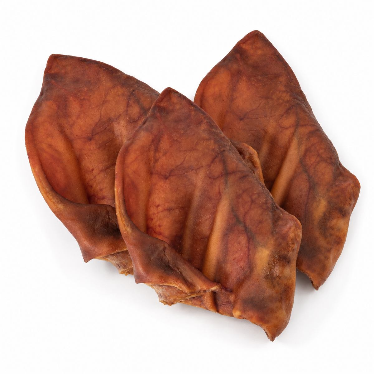 A 3 pack of dried pig ears for dogs on a white background