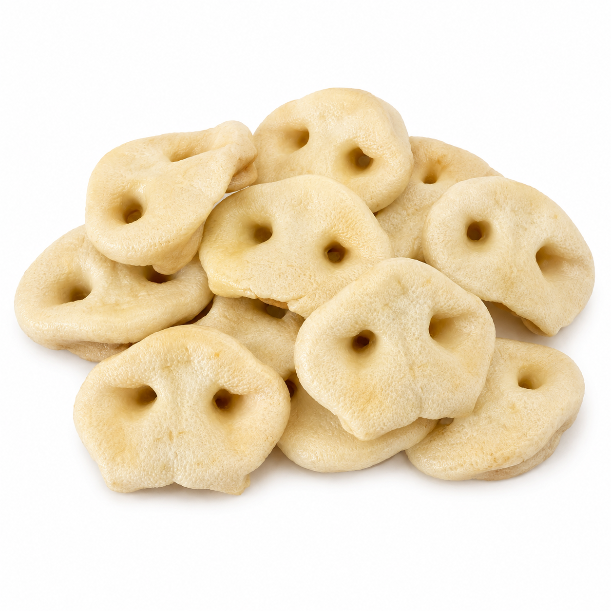A 12 pack of smoked pig snouts for dogs on a white background