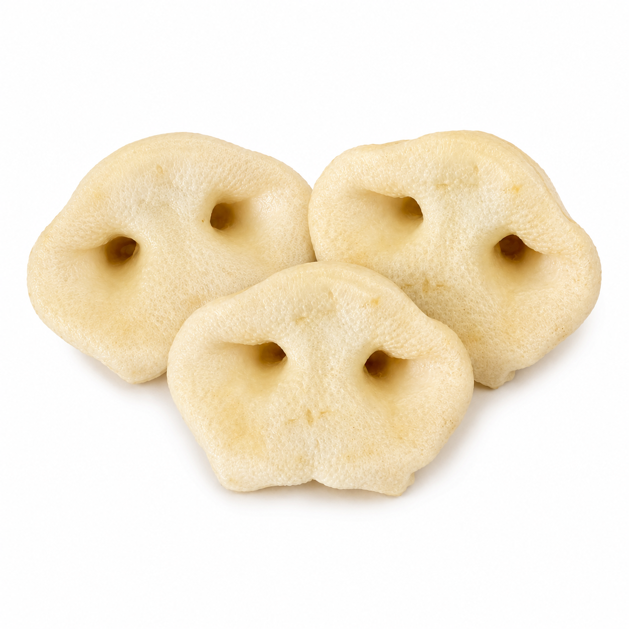 A 3 pack of smoked pig snouts for dogs on a white background